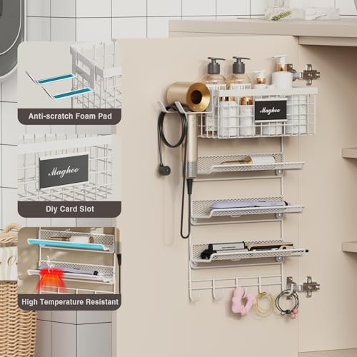 Magheo Hair Dryer Holder Wall Mounted, Adheisve Hair Styling Tool Organizer for hair Brush/Appliance Wall Mount with 5 Tier Shelf Basket Hooks Blow Dryer and Straightener Holder for Bathroom(White) - color: White
