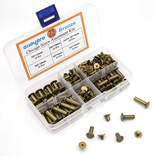 75 Sets Chicago Screws Assorted Kit 5 Sizes Bronze Leather Rivets Screw Rivets Slotted Phillip Head Book Binding Posts Nail Rivet Chicago Bolts for DIY Leather Craft Bookbinding (5 x 6,10,12,15,18) - size: Bronze-6,10,12,15,18