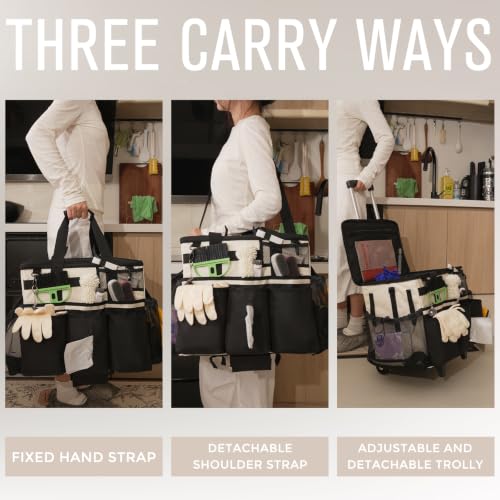 SCAVATA Rolling Cleaning Caddy Bag with Detachable Trolley, Large Cleaning Supplies Organizer with Wheels, Multi-Pocket Cleaning Cart with Adjustable Shoulder Strap for Housekeepers (CreamWhite) - color: CreamWhite