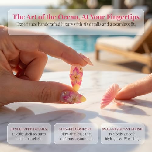 Summer Press On Nails Short Almond French Tip 3D Flower Gold Rhinestone - color: Style25
