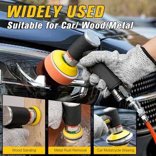 SI FANG 1'' 2'' 3'' Mini Random Orbital Air Sander Kit, Pneumatic Polisher | High Speed Small DA Sanders for Auto Body Work, Includes 27Pcs 1/2/3in Polishing Sponge & Wool Pads, 15Pcs Sandpapers (Black) - style: 1"2"3" Buffer&Sander Kit