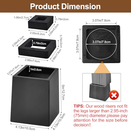 Wooden Bed Risers 5 Inch Heavy Duty, Support 2500 lbs, Black - color: Black, size: 5"H(Inner 4"H)