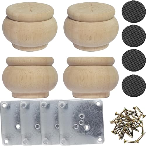 2 Inch Wooden Furniture Legs, Solid Wood Unpainted Replacement Furniture Legs, Cabinet Legs/Desk/Sofa/Bookcase Bun Feet, DIY Wooden Round Legs with Mounting Plate & Screws Set of 4 (2 Inch) - size: 2 Inch