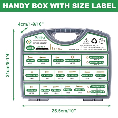 FOLIV 523PCS Grade 8 Bolts and Nuts Assortment Kit, Heavy Duty Nut and Bolt Assortment, 1/4-20 5/16-18 3/8-16 SAE Hex Bolts, Length from 1/2" to 1-1/2" - style: 523PCS 1/4-20 5/16-18 3/8-16