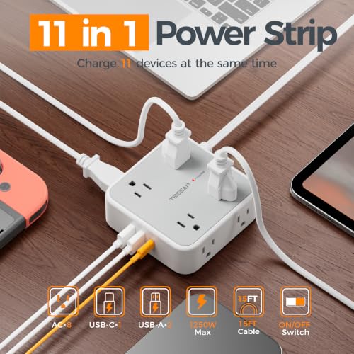 TESSAN Surge Protector Power Strip with 900J Surge Protection, 15 Ft, Grey - color: Grey with 1 USB C, size: 15 feet