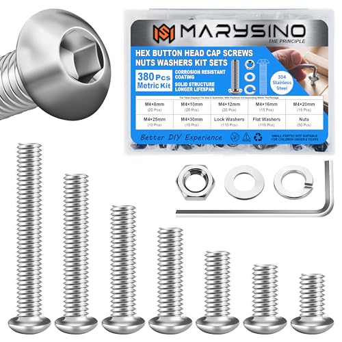 380 Pieces M4 Screw, Button Head Socket Cap Metric Screws Assortment Kit, 304 Stainless Steel Bolts and Washers/Nuts/Hex Wrenches M4*8/10/12/16/20/25/30mm - size: 380Pcs M4