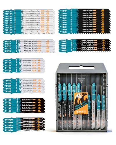 50PCS Jigsaw Blades Set, EXFEIN Assorted T-Shank Jig Saw Blades for Wood, Plastic and Metal Cutting (T118A,T118B,T127D,T119B,T119BO,T101BR,T144D,T244D) - size: Set 2 (T127D-T244D)