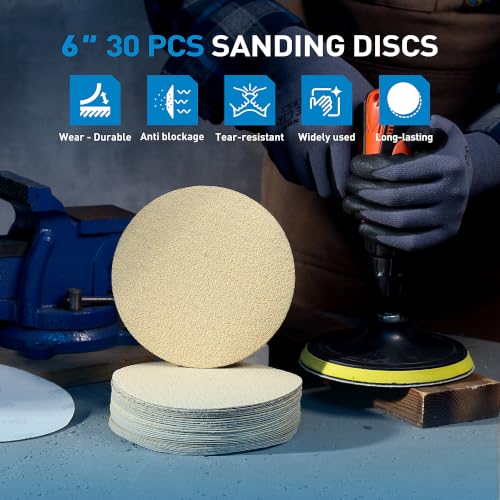 S SATC 30 PCS Sanding Discs Hook and Loop 6 Inch No Hole Aluminum Oxide Sandpaper for Random Orbital Sander Assorted 60 80 100 120 150 180 220 320 400 600 800 1000 Grit - style: No Hole Yellow