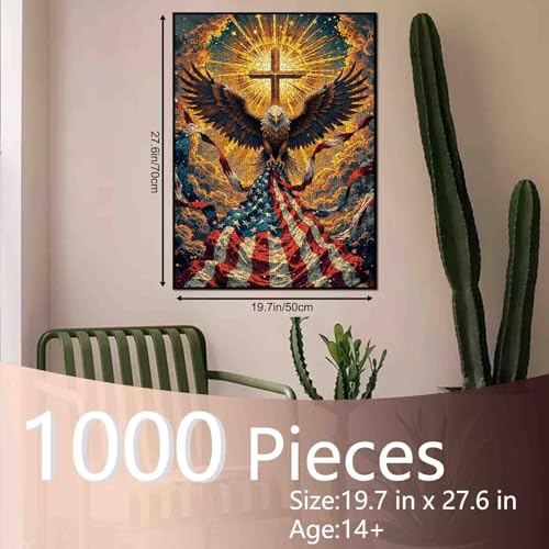 Bald Eagle Patriotic Jigsaw Puzzles American Flag Puzzle for Adults 1000 Pieces Christian Cross Jigsaw Puzzle Art 20 x 27 Inches 4th of July Family Puzzle Independence Day Art - color: American Flag-18