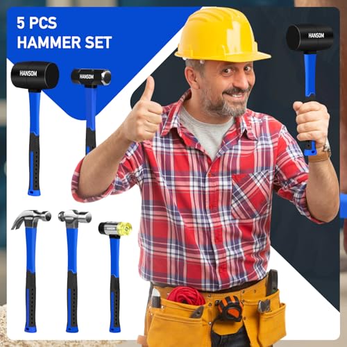 5-Pack Hammer Set,Rubber Mallet 32oz, Double-Faced Mallet 22oz,16oz Claw Hammer,16oz Ball Peen Hammer,3lb Sledge Hammer,Ergonomic Handle