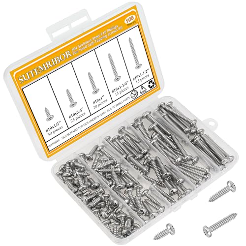 105 Pieces #10 x 1/2" 3/4" 1" 1-1/4" 1-1/2" Wood Screws Set, Phillips Pan Head #10 Self-Tapping Screws Assortment Kit, 304 Stainless Steel - size: #10, style: Phillips Pan Head