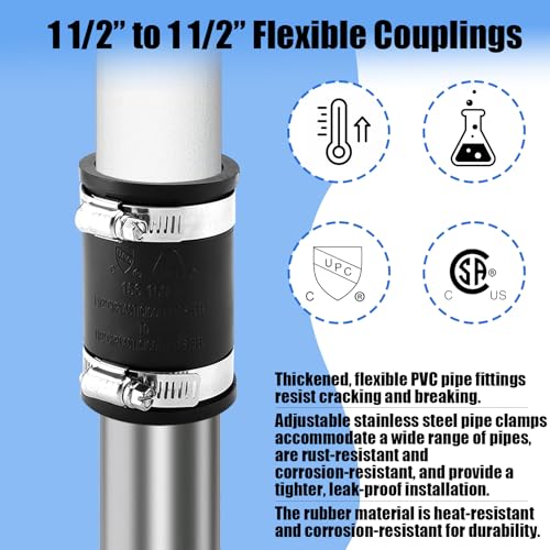 1 1/2" Flexible Pvc Pipe Coupling with Stainless Steel Clamp, Flexible Fitting for Connecting Cast Iron, Plastic and Copper Pipes, for Sewer and Drain Connections(Black) - size: 1 1/2"