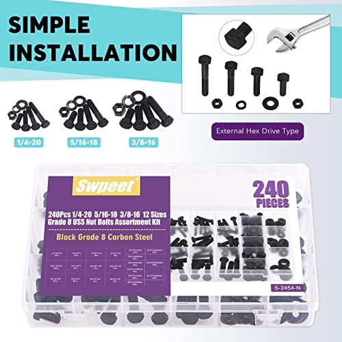 Swpeet 240Pcs 1/4-20 5/16-18 3/8-16 12 Sizes Black Zinc Finish Carbon Steel Grade 8 USS Nut Bolts Assortment Kit, Heavy Duty Bolt Nut and Washer Assortment Coarse Thread Hex Head Cap Screws Bolt - size: Assortment Kit