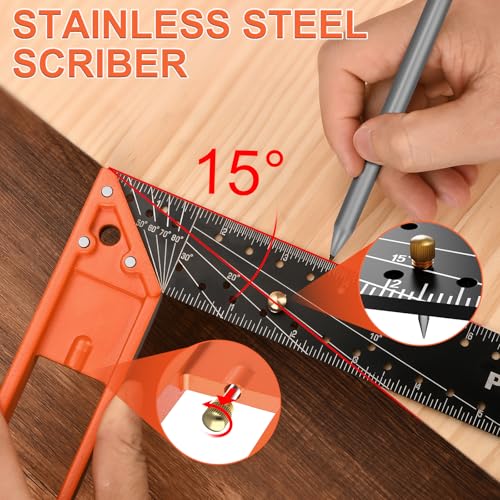 16” Woodworking Square Ruler - Preciva 1/16” Scale Right Angle Ruler Carpenter Square Layout Tool, Retractable Edge Support and Multi-Angle Scribe Mark, Includes Carpentry Pencil - style: 16 IN