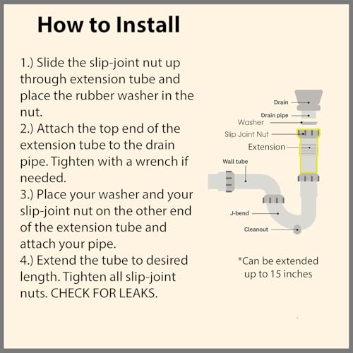 Flexible Extension Pipe, 1-1/2 inch x 15 inch with Adapter for 1 1/4" Inlet Tube with Slip-Joint Nut and Washer for P-Trap Connection used with Kitchen or Bathroom Drain- White Plastic Polypropylene