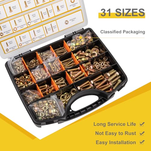988pcs Grade 8.8 Metric Bolt Assortment, M4 M5 M6 M8 Heavy Duty Bolts and Nuts Kit, Yellow Zinc Plated, Length from 12-30mm - size: M4, M5, M6, M8-988pcs