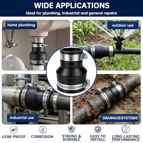 1 1/4" to 2" Flexible Pvc Pipe Coupling with Stainless Steel Clamp, Flexible Fitting for Connecting Cast Iron, Plastic and Copper Pipes, for Sewer and Drain Connections(Black) - size: 1 1/4" to 2"