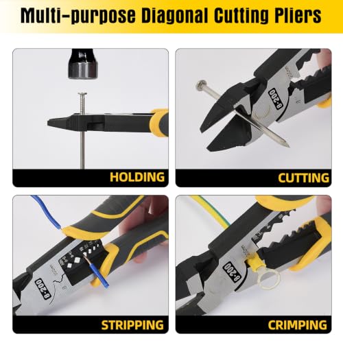 Multi-Function Diagonal Pliers, 8-inch 4-in-1 Cr-V Steel Heavy Duty Side-Cutting Pliers with Cutting, Stripping, Crimping, and Gripping for Electricians and Homes