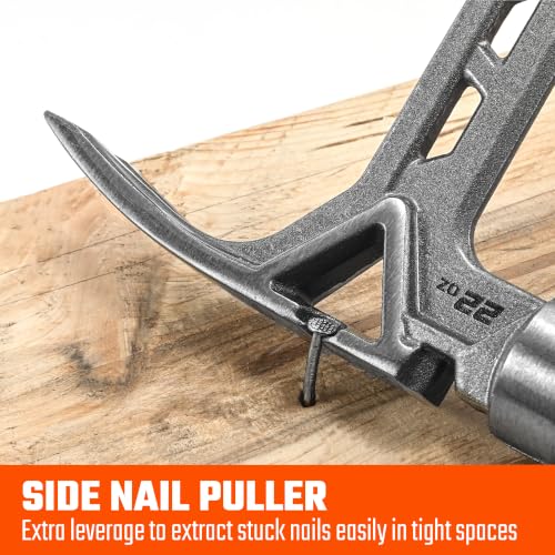 VANQUISH Framing Hammer 22oz One Piece Forged Straight Claw Hammer with Milled Face & Shock Reduction Grip, Claw Hammer with Magnetic Nail Holder Side Nail Puller, 0630-M - size: 22oz Milled Face