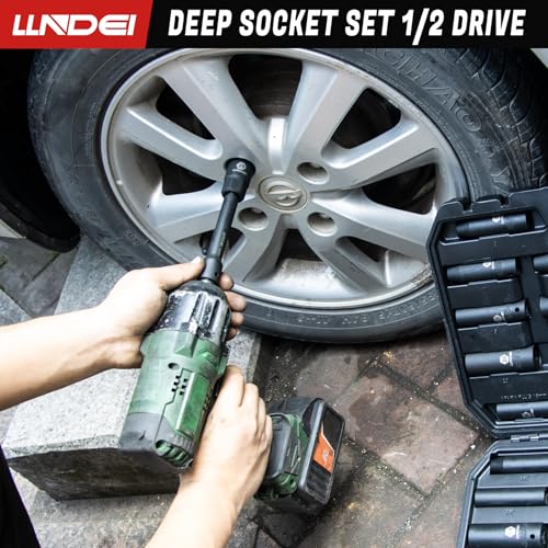 LLNDEI 1/2" Drive Deep Impact Socket Set 37Pcs SAE/Metric CR-MO - size: 37-Piece 1/2" Drive Socket Set SAE & Metric