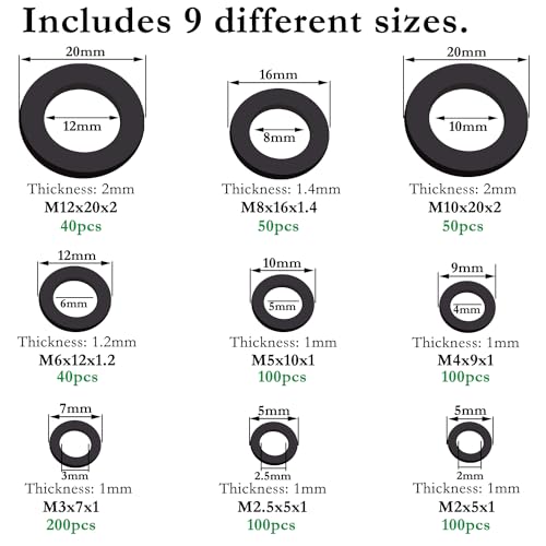 820PCS Black Nylon Washers Assortment Kit, Flat Washers for Bolts, 9 Metric Sizes Nylon Washers for Screws -M2, M2.5, M3, M4, M5, M6, M8, M10, M12 - size: BK M2-M12 (820PCS), style: Nylon Washer