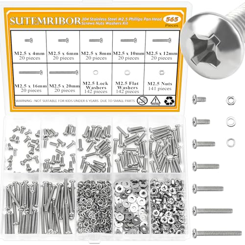 565 Pieces M2.5 Machine Screws Nuts Washers Set, Sutemribor M2.5 x 4/6/8/10/12/16/20mm Phillips Pan Head Machine Screws Nuts Washers Assortment Kit, 304 Stainless Steel, Fully Threaded - size: M2.5, style: Phillips Pan Head