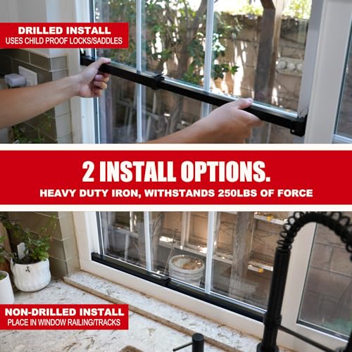 SecurityMan Window Security Bar - Easy Install for Horizontal/Vertical Windows - Adjustable Window Lock Bar (Child Proof/Heavy Duty Iron) - Extendable (14.25" to 37") Security Bars for Windows - Black - color: Black