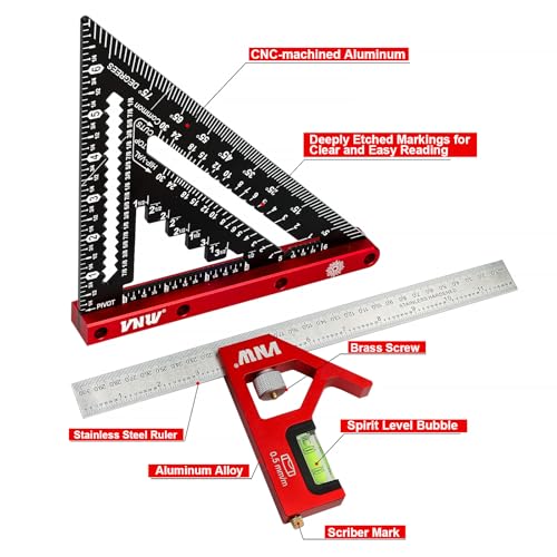 VNW 7inch Rafter Square and 12inch Combination Square Set -CNC-Machined Aluminum Alloy,Heavy Duty Carpenter Square for Woodworking and Home DIY