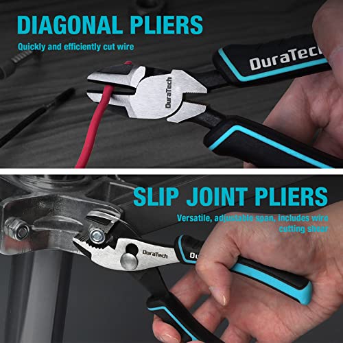 DURATECH 7-Piece Pliers Set with Rolling Pouch,Cr-Ni Construction | 10" & 8" Groove Joint, 8" & 6" Long Nose, 8" Linesman, 6" Slip Joint & Diagonal Pliers