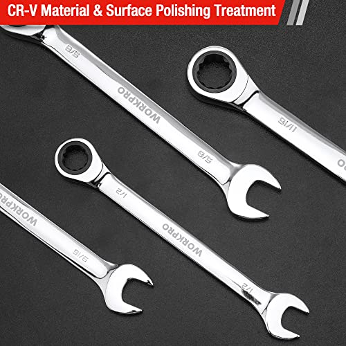 WORKPRO 7-Piece Ratcheting Combination Wrench Set, 72 Teeth, Cr-V Constructed, Combo Ratchet Wrenches Set with Roll Up Pouch, SAE 5/16"-11/16" (Pack of 2) - size: SAE (Pack of 2)
