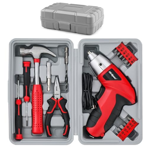Hi-Spec 3.6V USB Small Power Screwdriver & Home DIY Tool Kit with Case, Red - color: Light Red