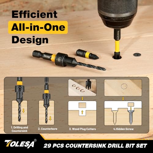 TOLESA Countersink Drill Bit Set, 29 PCS Counter Sink Drill Bit for Wood with 2PC Wood Plug Cutters, Magnetic Extension Bit Holder, Screwdriver Bits, Storage Case