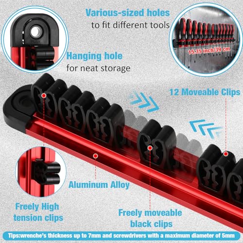 Ceenna 9 Set Magnetic Socket Organizer and Magnetic Screwdriver Organizer 6 Pcs 1/4", 3/8" & 1/2" Socket Rail Trays 3 Pcs Screwdriver and Wrench Holder Aluminum Alloy Tool Holder Red Blue Green
