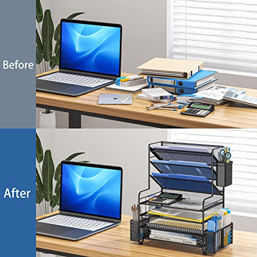 Simple Trending 7 Tier Desk File Organizer, Letter Tray Paper Organizer with Pen Holder and Metal Hanging Basket, Black - color: Pen Holder Black