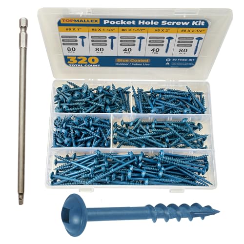 Pocket Hole Screw Kit, 5 Sizes, 320PCS, Blue Coated - size: #8 x 1"-2-1/2"