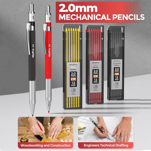Nicpro 24PCS CP3000 Mechanical Carpenter Pencil Set with Sharpener & Sheath - size: 1 Count (Pack of 24)