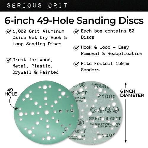 Serious Grit - 6-Inch 49-Hole P1000 Grit Sanding Discs - 50 Pack Box - size: 1000 Grit