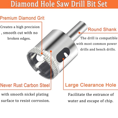 Diamond Drill Bits for Glass 1/4"~2" Tile Drill Bits Set with Three Suction Cups Hole Saw Guide Jig Diamond Hole Saw Drill Bit for Ceramic Pots Porcelain Tile Granite Marble10PCS - size: 1/4"-2"