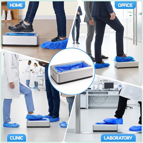 Shoe Cover Dispenser with 200 Pcs Disposable Shoe Covers - Automatic Shoe Cover Machine deal for Home, Office, Factory & Hospital Floor Protection (Silver)