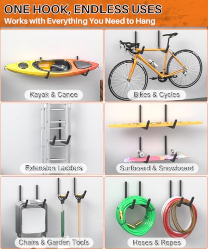 Heavy Duty Kayak Storage Rack with EVA Foam & Rubber Bushing, Wall Mount Kayak Hangers Large Hooks for Garage Hanger Canoe, Surfboard, Skiboard, Snowboard, Paddle Board, Ladders, Bike