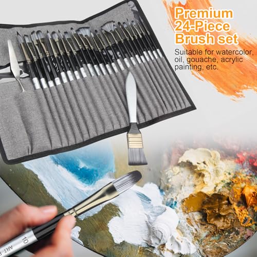 Paint Brushes Set, 24 Pcs Synthetic Acrylic Paint Brushes with Cloth Pouch and Palette Knife, Professional Artist Brushes for Acrylic Painting, Oil, Watercolor, Gouache, Face Painting (Grey)