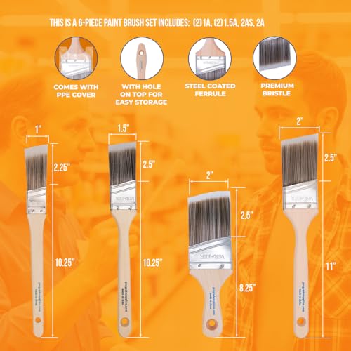 Vermeer Angled Paint Brushes, Paint Brush Set for Trim & Walls, 6 Pc