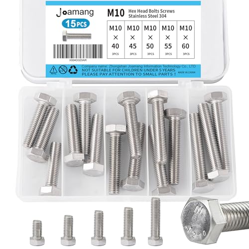 M10 x 40mm 45mm 50mm 55mm 60mm Hex Bolts, Hexagon Head Screws, 304 Stainless Steel(A2-70), Metric Fully Thread, Bright Finish, Assortment Kit 15PCS - size: M10x40-60mm(15PCS)