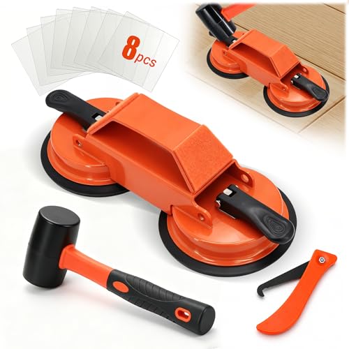 Floor Gap Fixer Tool: Flooring Repair Tool with 45° Striking Surface & Dual Suction Cups for Laminate & Vinyl Plank Floors Gap Puller Kit with Rubber Mallet, 8 Reusable Sticky Pads & Scraper