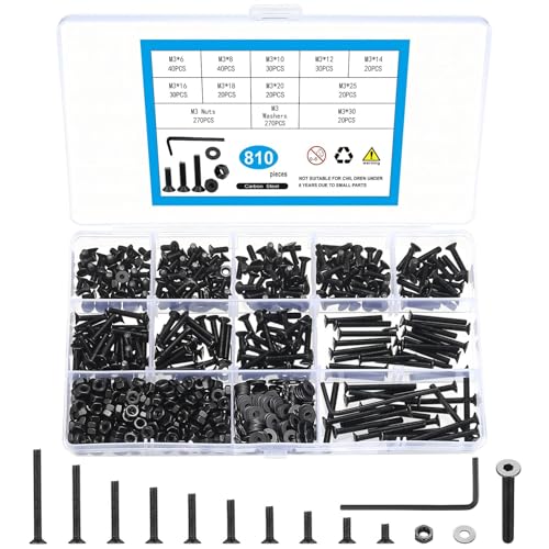 810 Pcs M3 Metric Screw Assortment, Flat Head Machine Screw Assortment Kit, Countersunk Hex Socket Cap Screws Set with Washers, Countersunk Bolts and Nuts Set with Wrench(Black) - size: M3