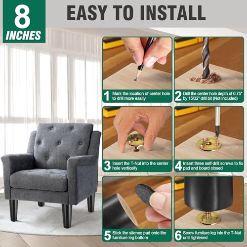 FoDau770 Rubber Wood Legs 8", Straight Taper, 5/16"-18 Thread, Black, 4pcs | Wood Couch legs - Mid Century Sofa Legs - Furniture legs Replacement for Cabinet Dresser Chair Ottoman - color: Black, size: 8 Inch - Straight (90°)