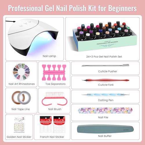 VANREESA 42 Pcs Gel Nail Polish Kit with U V Light 24 Colors Gel Polish Nail Kit Base Coat Glossy & Matte Top Coat Complete Nail Kit with Manicure Tools Gifts for Women Girls - color: Elegant & Hot Collection