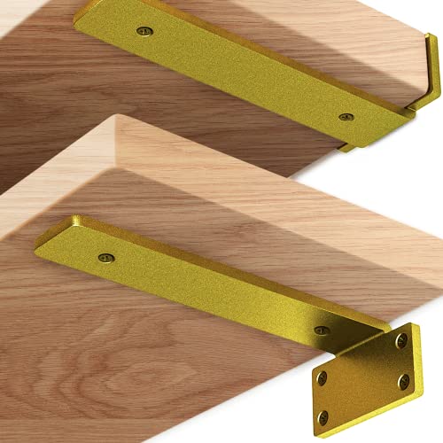 Premium Heavy Duty Shelf Brackets – 0.2In Thick Gold L Shape Shelf Bracket, Hidden Steel Brackets for Shelves - 8 Inch Heavy Duty Floating Shelf Hardware (6Pcs) - color: Gold, size: 8 Inch