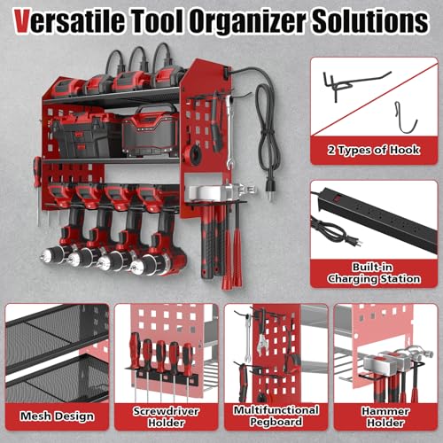 SUNALLY Power Tool Organizer Wall Mount with Charging Station,3 Layer, Red - style: 4 Drill Holders F