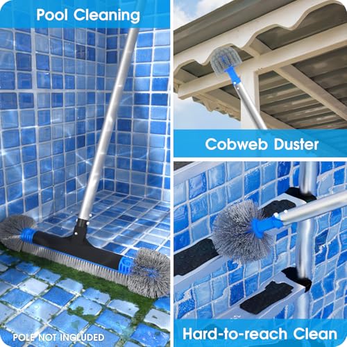 Upgraded Pool Brush with Pole - 20’’ 2-in-1 Heavy Duty Detachable Round Brush with Extra Side Brush for Cleaning Hard-to-Reach Corners, 9 FT Aluminum Extended Pool Pole with Hidden Hook Retriever - size: 20.5 Inch